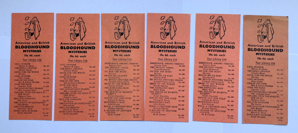 6 British Boardman Bloodhound crime book marks late 1950s - early 1960s